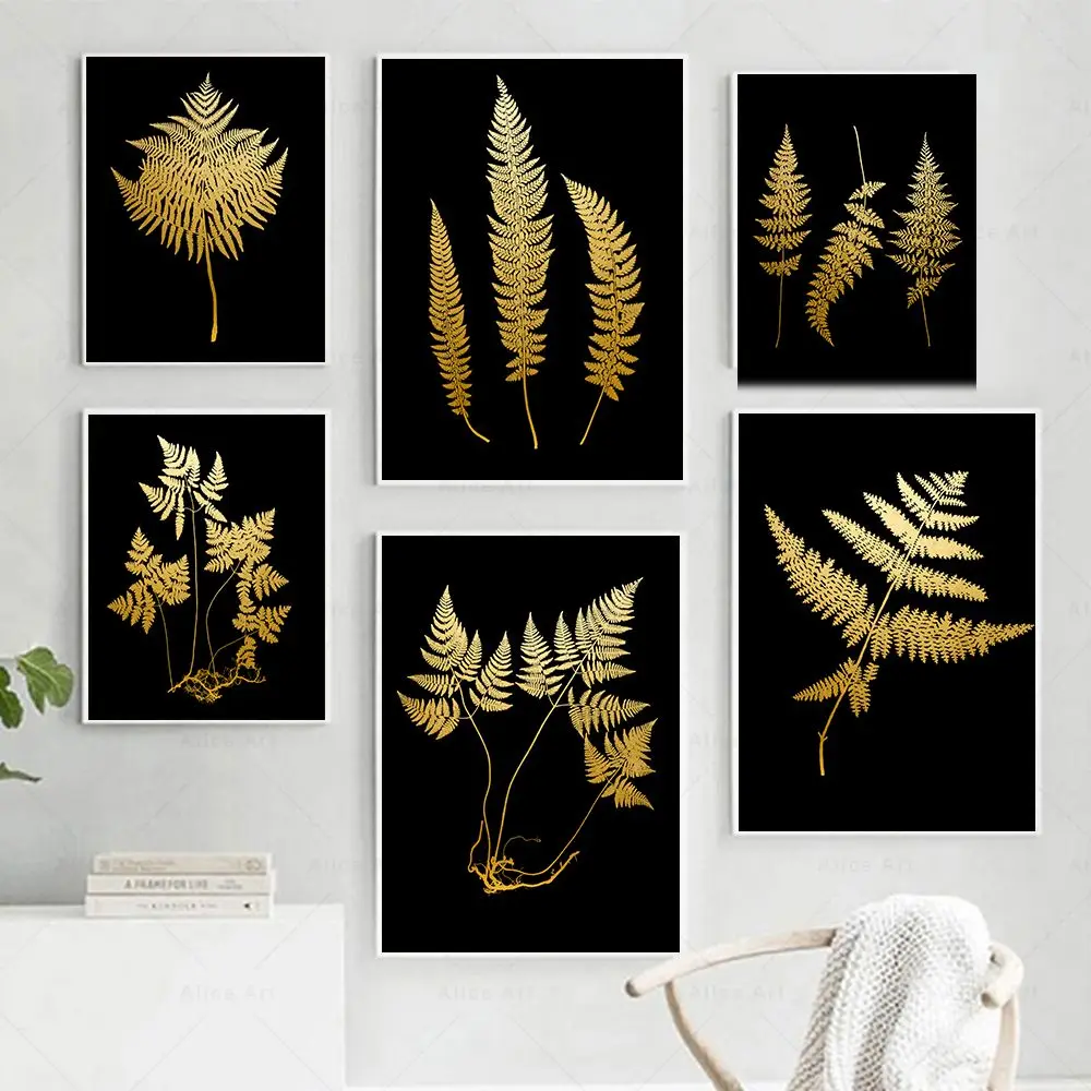 Ink Ash Black Golden Fern Prints Botanical Leaf Poster Wall Art Canvas Painting Antique Wall Pictures for Living Room Home Decor