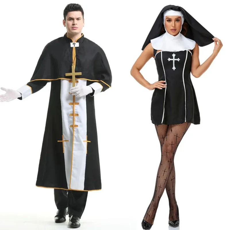 Couple Halloween Costume for Women Men Medieval Cosplay Priest Nun Missionary Costume Church Religious Convent Fancy Party Dress