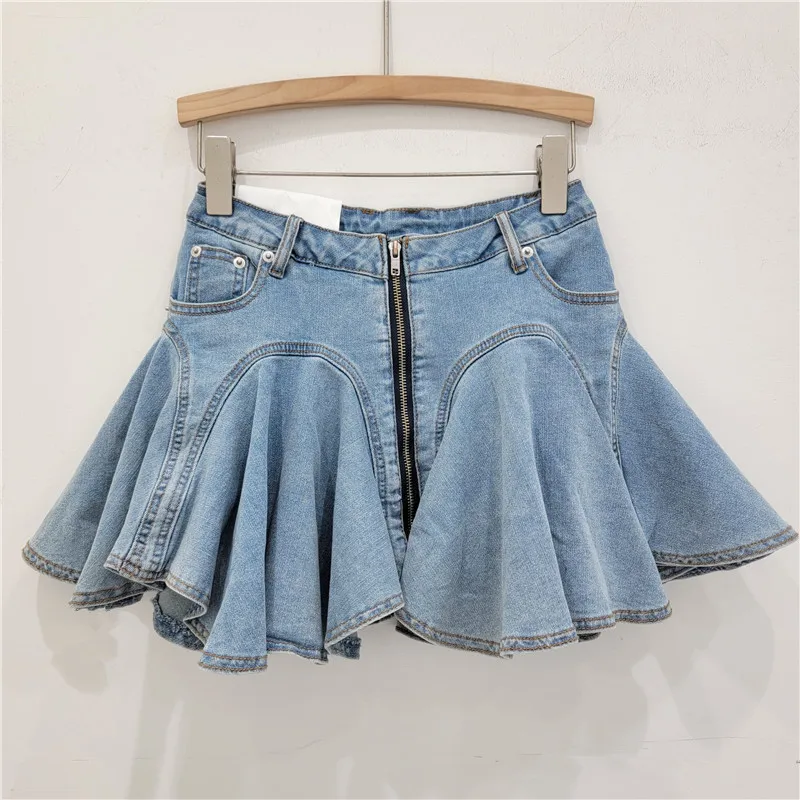 

Three-dimensional Cut Deconstructed Lotus Leaf Edge Denim Half Body Skirt, Front Zipper Spliced Pleated Elastic Denim Mini Skirt
