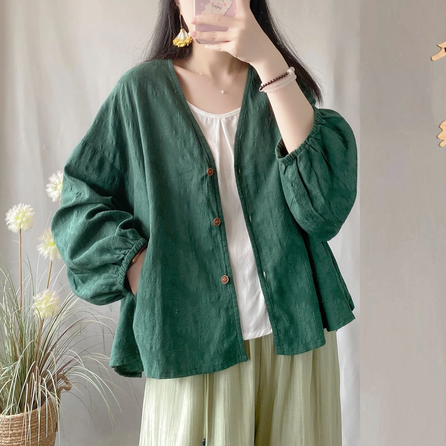 Summer Cotton Linen Jacquard Cardigan Protection Women\'s Outerwear Artistic Loose Fit Slim Bat Sleeves Long Sleeveair Shirt