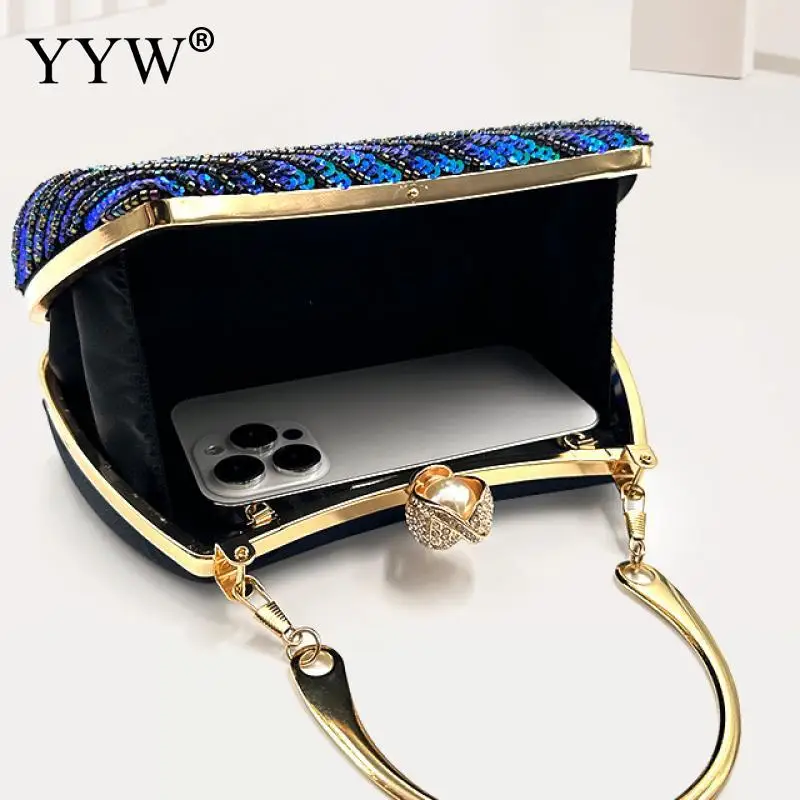 Elegant Sequins Beads Peacock Pearl Clutch Evening Handbag Shiny Bling Women Party Embroidery Messenger Purse Metal Chain Bag