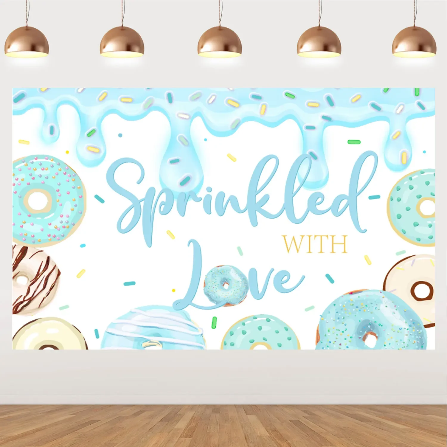 Donut Theme Party Decoration, Blue Sprinkled with Love, Backdrop Banner for Boy and Girl Birthday, Baby Shower, Photo Booth Prop