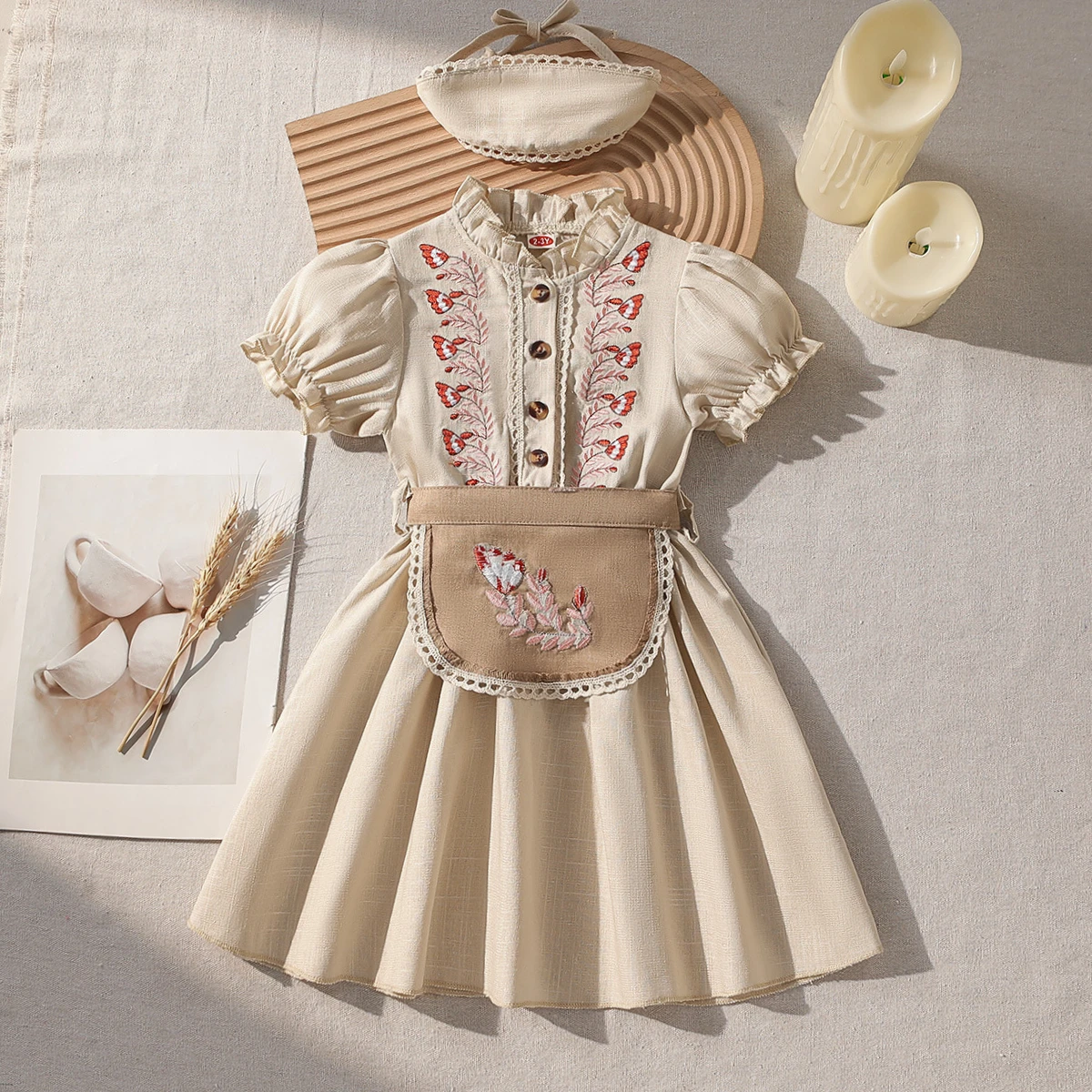 Cottagecore Girl Dress Vintage Floral Embroidered Puff Sleeve Dress with Apron and Headscarf Spring Summer Kids Outfit Toddler