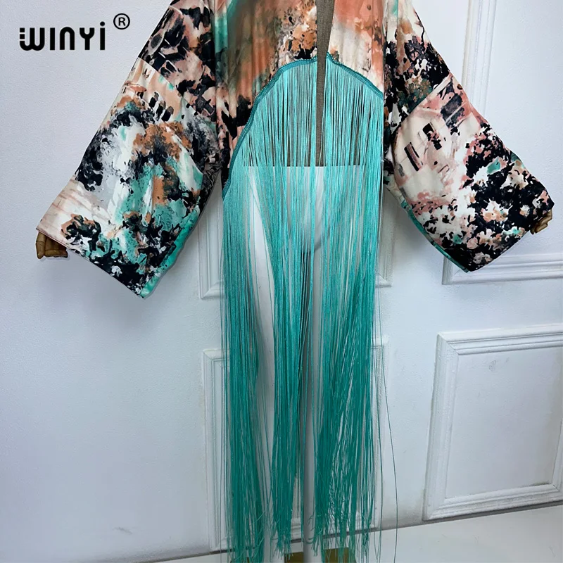 WINYI kimono boho fashion summer beachwear summer Classic print Bikini Cover-up Cardigan sexy Holiday long Sleeve tassels top