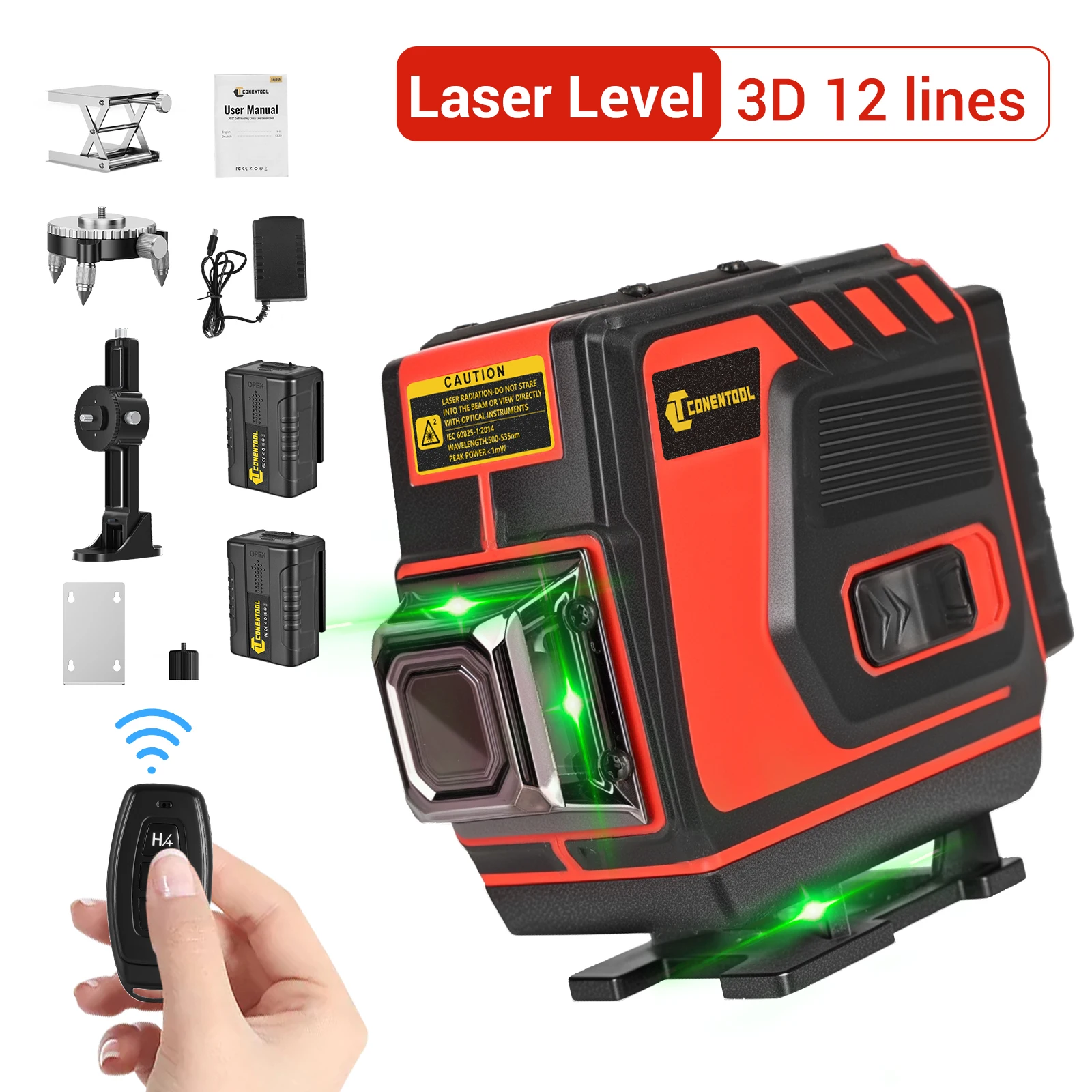 Conentool Laser Level 16 Line Self Leveling Green Remote ControlCross Line Rotating Rotar With Aluminum Base,2 Batteries