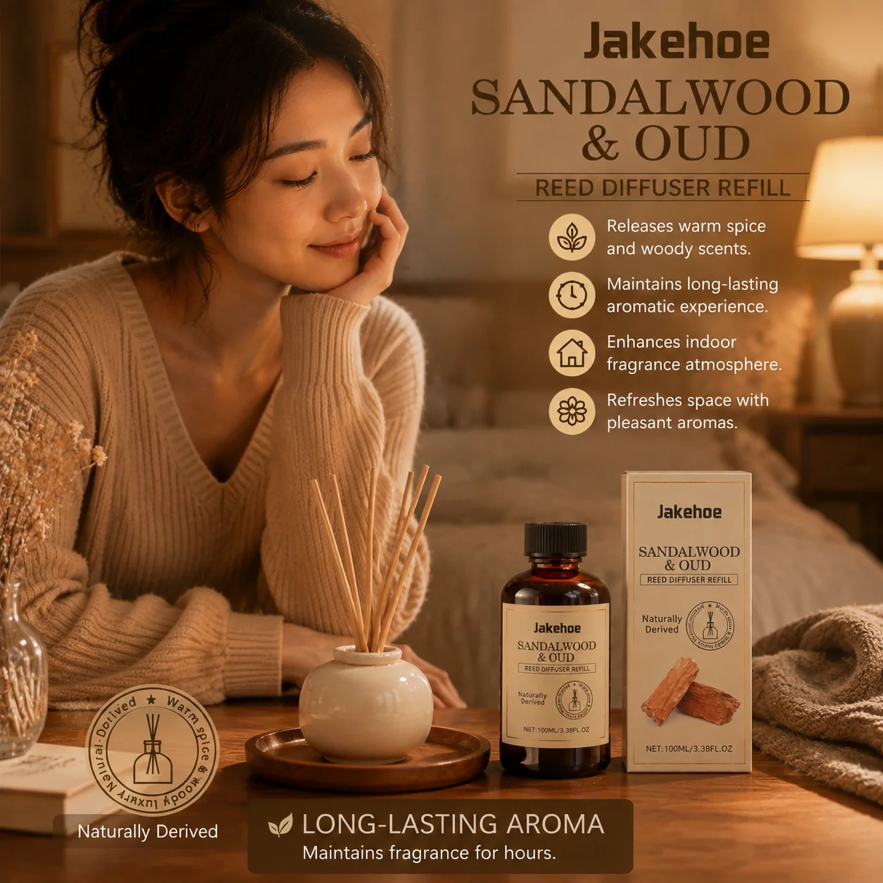 Jakehoe Sandalwood & Oud Reed Diffuser Refill Odor Remover Room Freshener Fragrance for Bedroom Bathroom Essential Oil Diffuser
