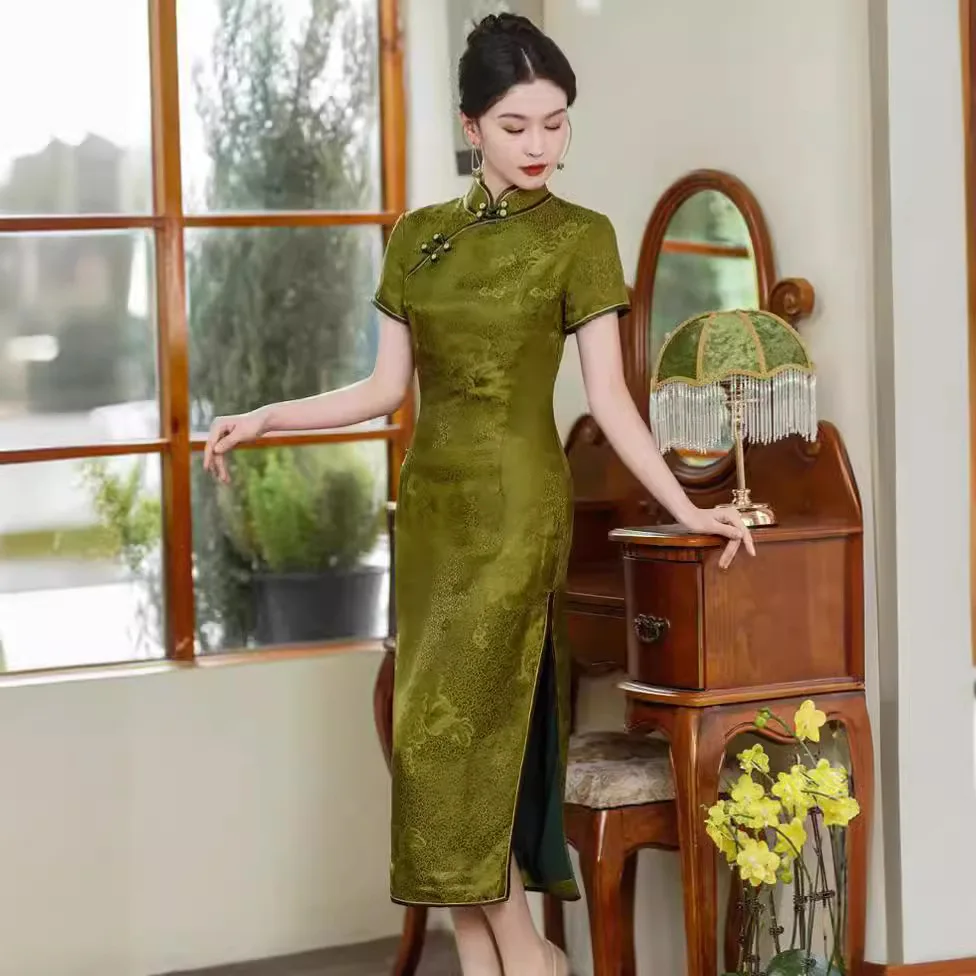 High-End Green Quality Real Silk Cheongsam Qipao Summer Women's Retro Improved Dress Chinese Style Chi-Pao