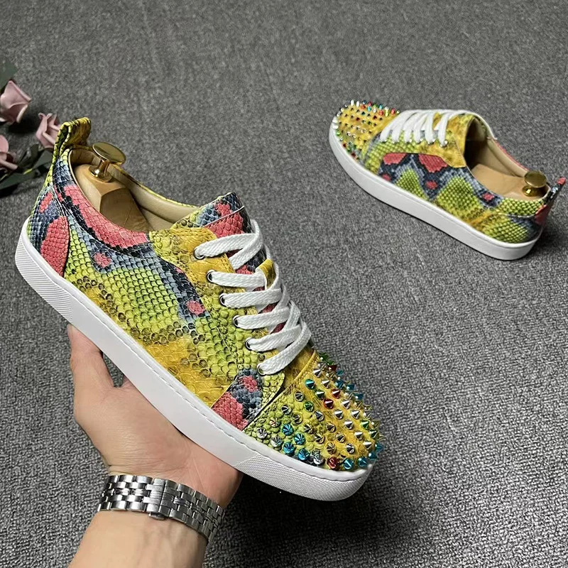 men fashion party nightclub dress spikes studded shoes lace-up flats rivets shoe snake skin print sneakers breathable footwear