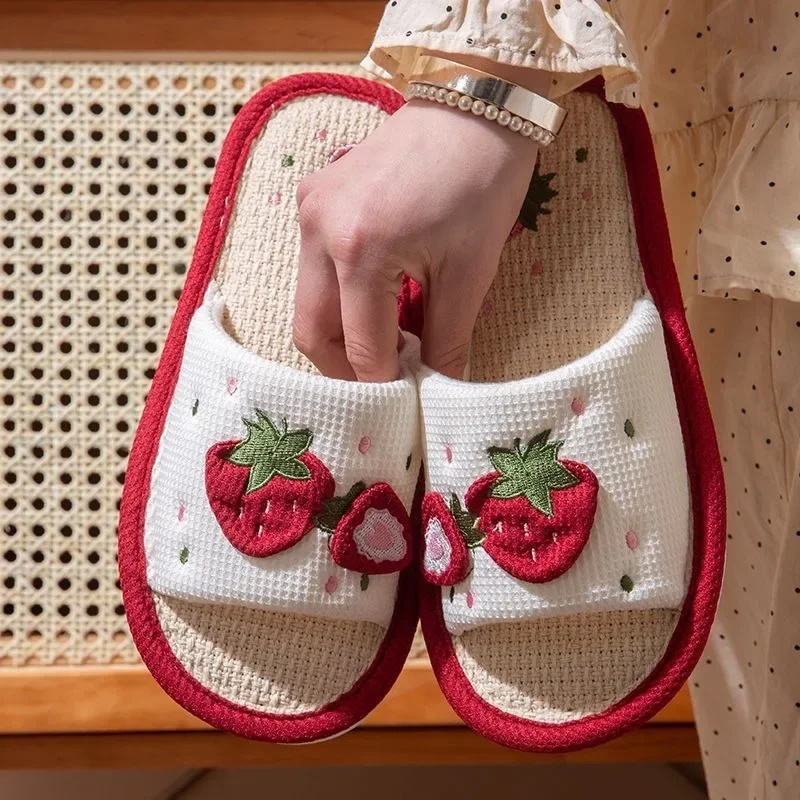 Strawberry Linen Upper Sweet Home Girl's Soft Soles Silent Non-slip Floor Slippers in Line with Human Bow Science Shoes Sandals