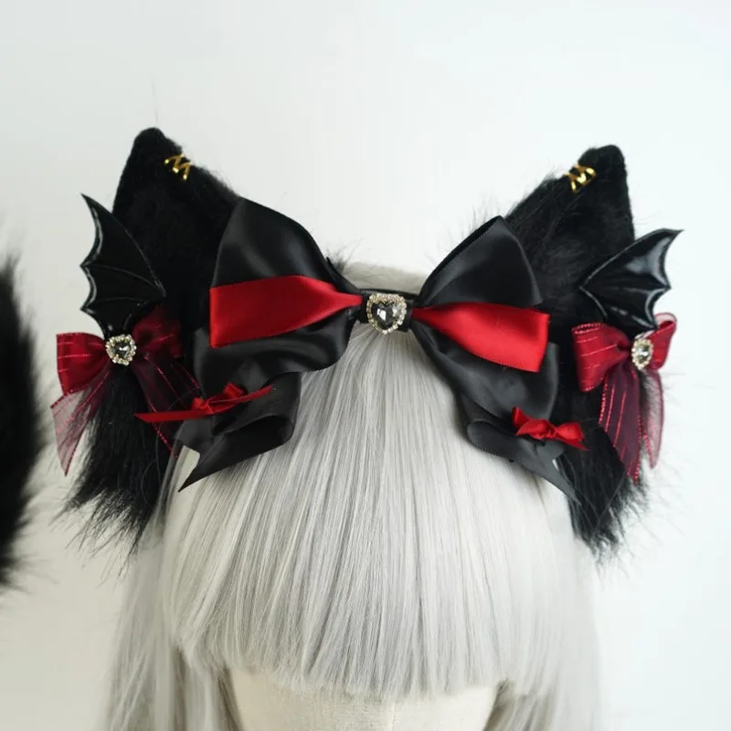 1SET/ Victorian Vampire Cat Ear Headband & Tail - Gothic Lolita Bat Bow Set | Dark Romance Cosplay Accessories