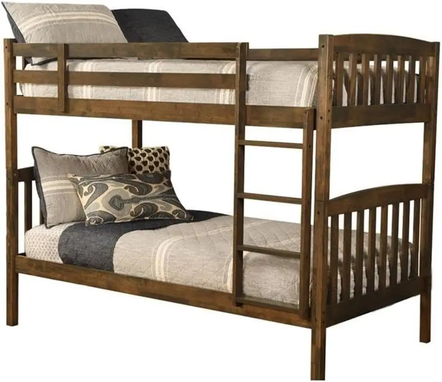 

Kodiak Furniture Twin Over Twin Size Bunk Bed with Wooden Slats in Wood, in Brown, No Box Spring Needed, Easy Assembly