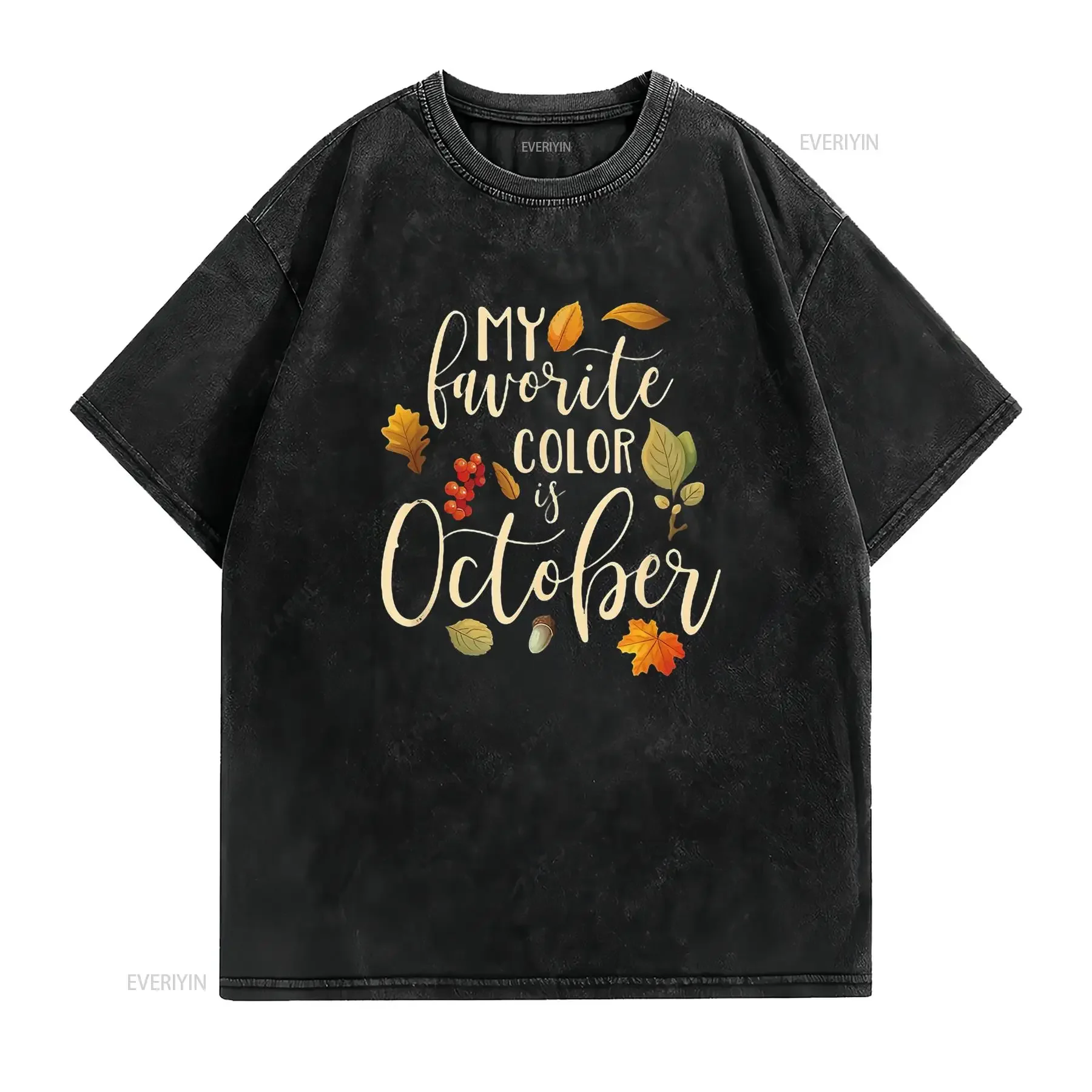 تي شيرت نسائي لمحبي الخريف والخريف اللون المفضل هو أكتوبر أسود 2X كبير عتيق مغسول وممتد للجنسين مريح