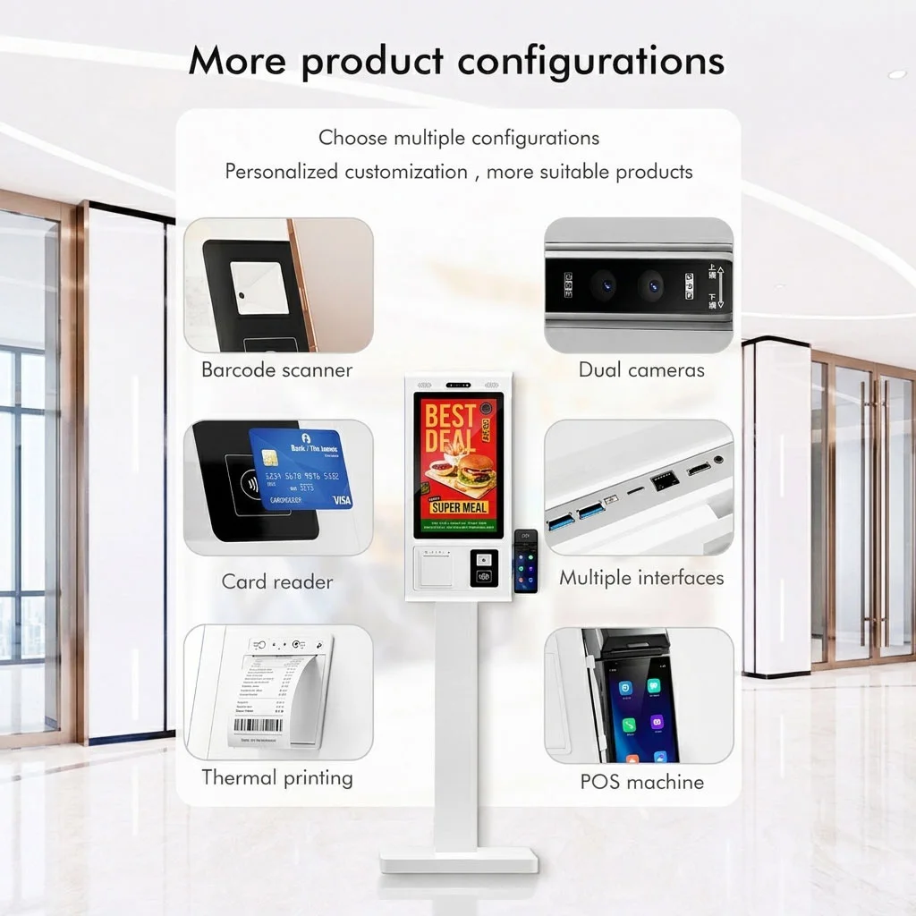 21/27/32 Inch Touch Screen Cashless Fast Food Self Service Order Payment Terminal Kiosk Machine with Printer HSK-TA21