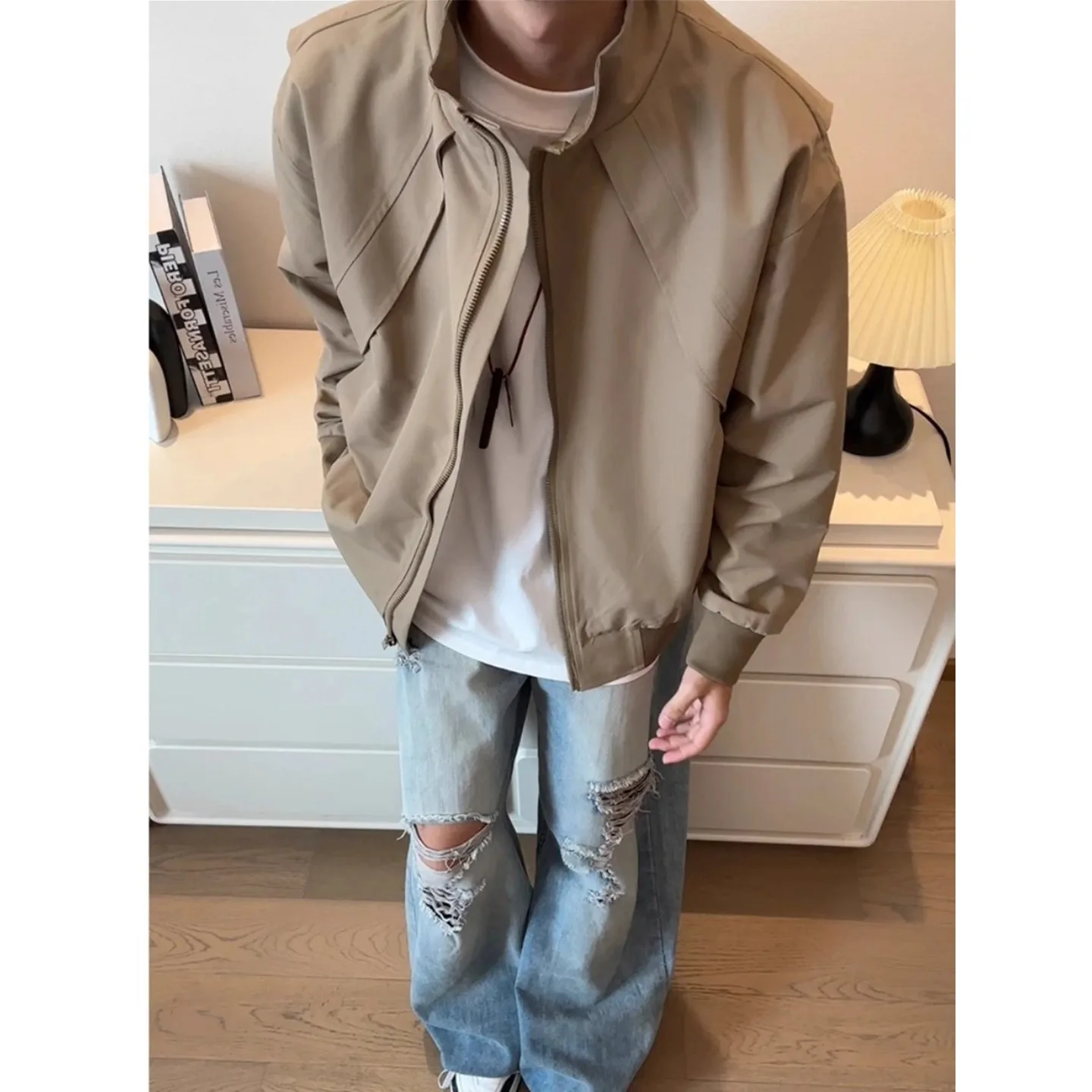 

American Sle Deconstructed Patchwork Men's Casual Outdoor Flight Jaet Loose Fit Autumn High Street Windbreaker Coat