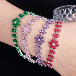 CWWZircons Delicate Flower Leaf Shape Cluster Pink Red Cubic Zirconia Crystal Link Chain Bracelets for Women Wedding Party CB315