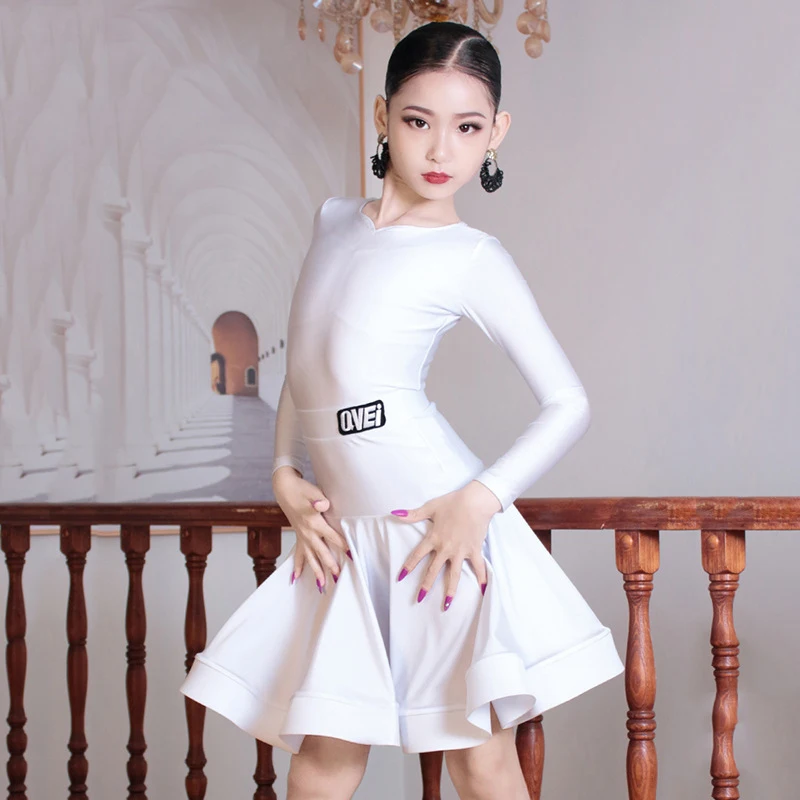 

2024 New Autumn Latin Dance Performance Training Clothing High end White Long sleeved Competition Wear Bodysuit Skirt Set XH1504