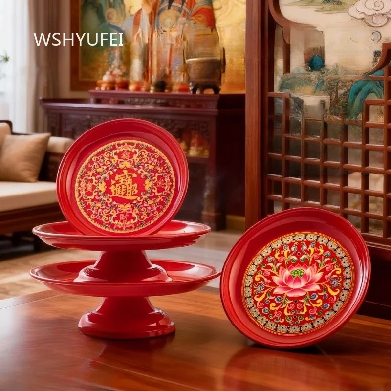 Enamel Alloy Tray Household Chinese Style Enshrine Fruit Plate High Footed Dessert Plate Buddha Hall Offering Plate Pallet