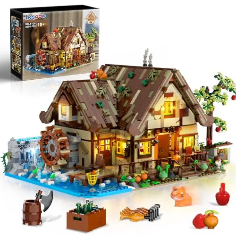 

Wood Cabin Building Set with Light 2570 PCS Wooden Forest House Mini Building Block Toy with Waterwheel Pond Animals Big House