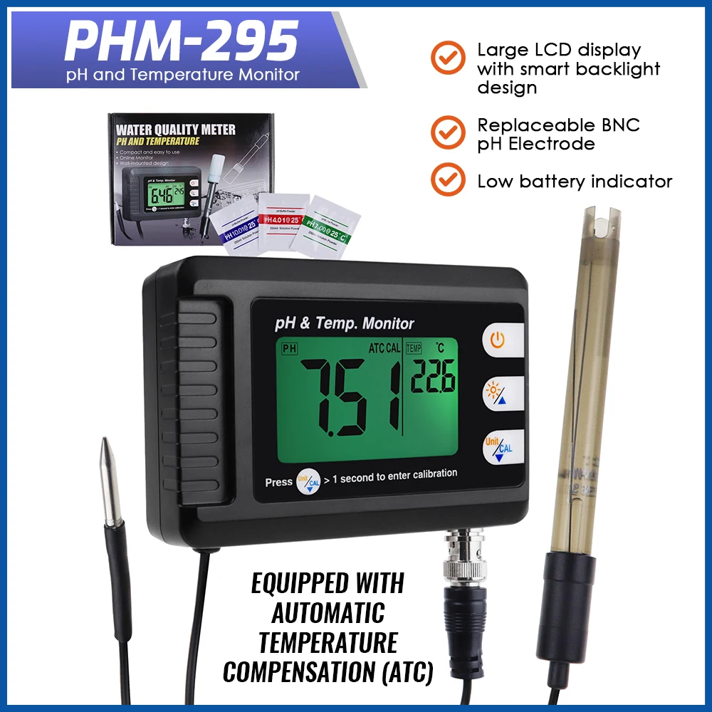 2-in-1 Combo PH Temp Meter Fish Tank Monitor Replaceable BNC PH Electrode For Aquariums Hydroponics