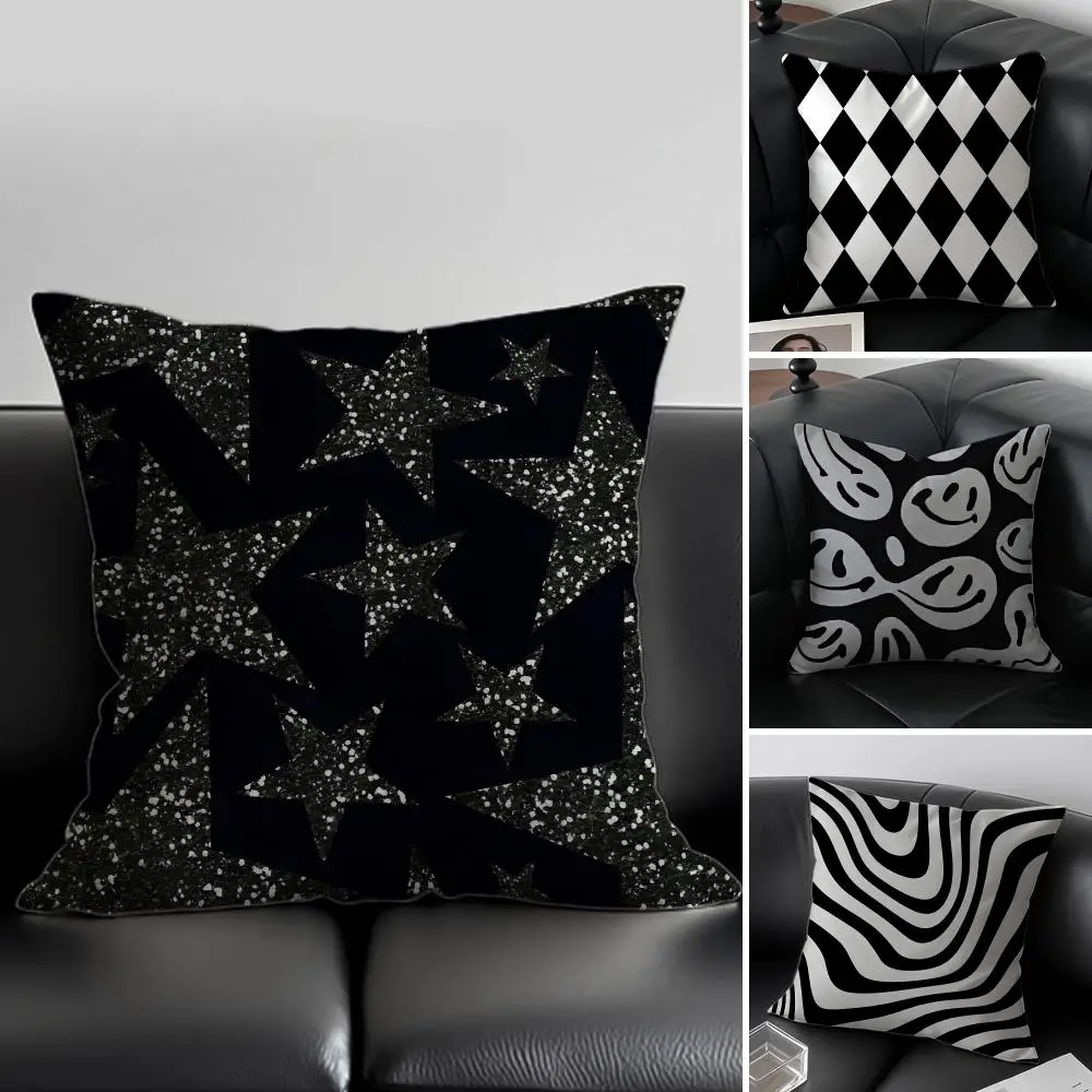 B-Black and White Patterns Cushion Cover Pillow Case Soft Friendly Fabric & Concealed Zipper