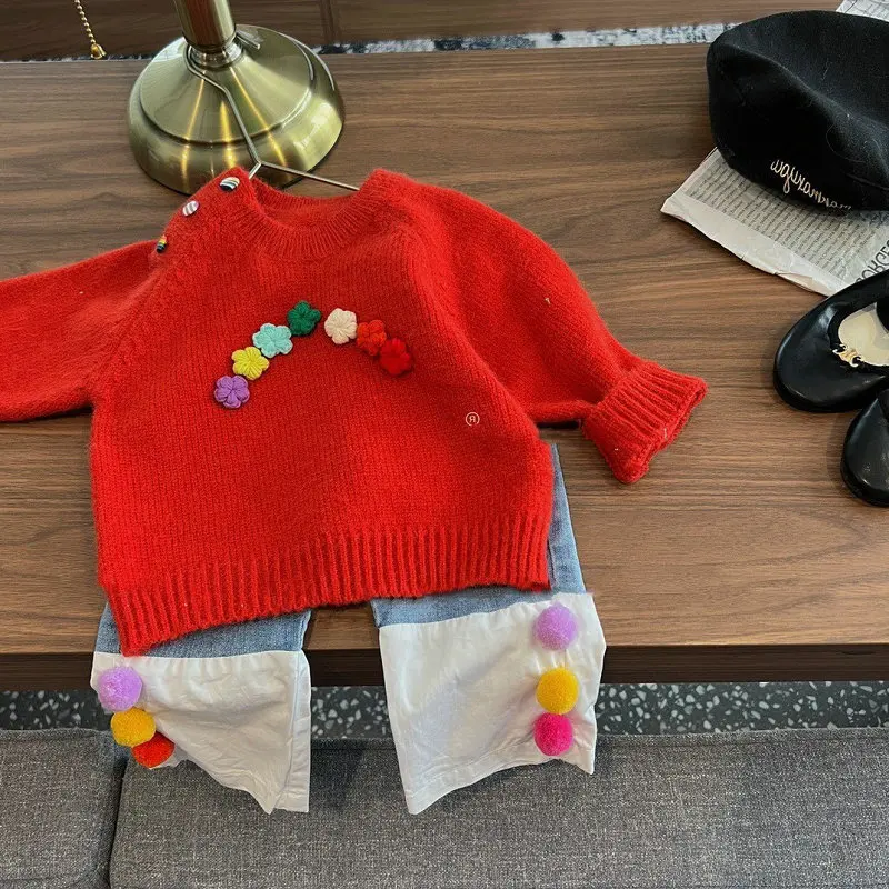 Girls sweater three-dimensional wool ball flower knitted sweater top 2025 spring and autumn winter new children's clothing