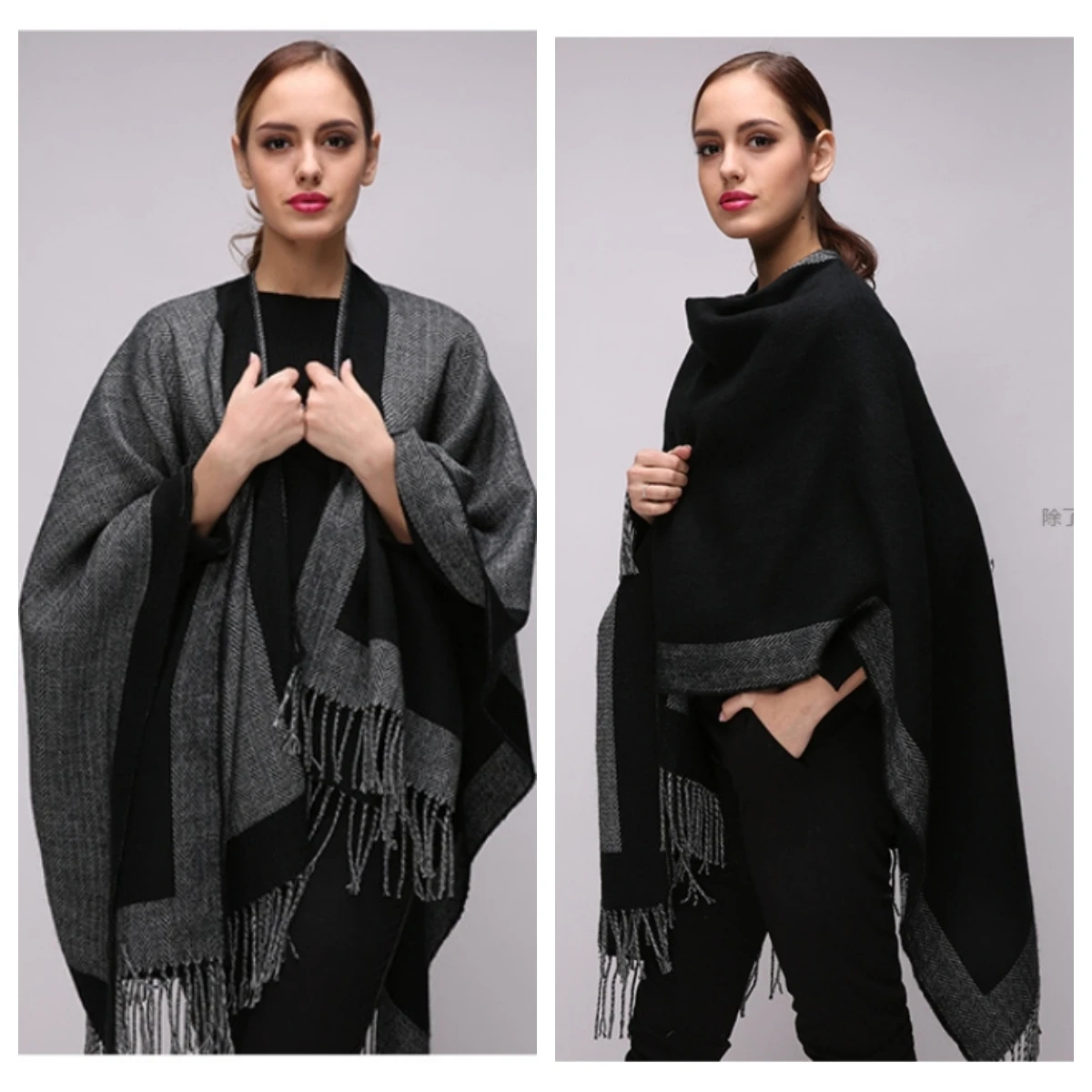 Women Cashmere Feel Shawl Lady Classic Black Cape Spring Autumn Vintage Cardigan Winter Tassels Cloak Two-sided Large Blanket