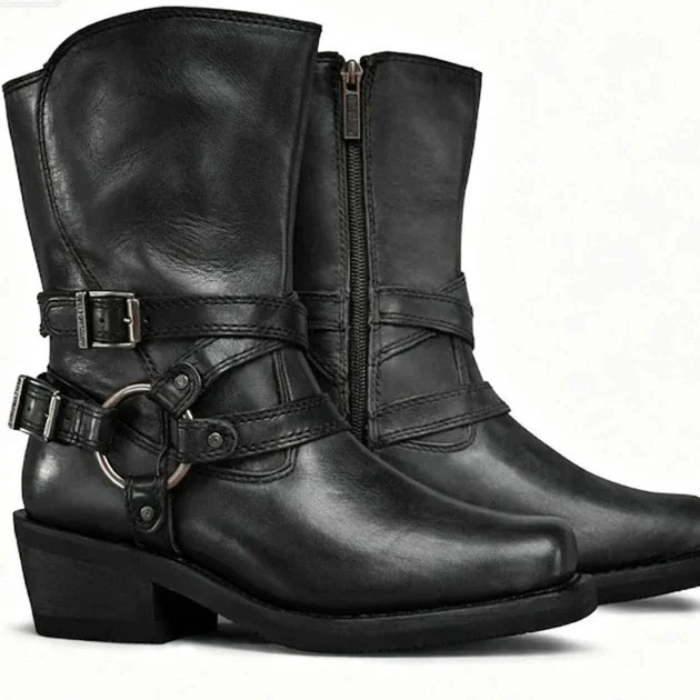 Men Distressed Leather Mid Calf Biker Boots Multi Metal Buckle Straps Square Toe Block Heel Side Zipper Gothic Motorcycle Boots
