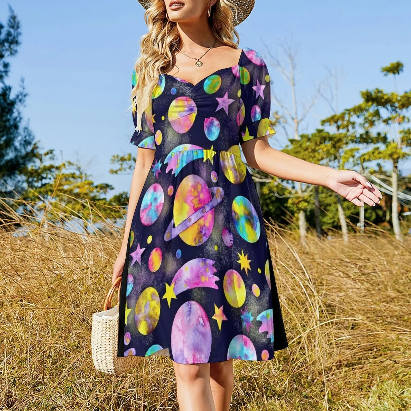 Outer Space Watercolour Planets All Over Pattern Short Sleeved Dress long dresses for women Dress