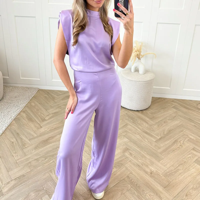 

Office Fashion Stand Collar Solid Satin Jumpsuits Women Casual Sleeveless Wide Legger Romper Elegant Hight Waist Draped Playsuit