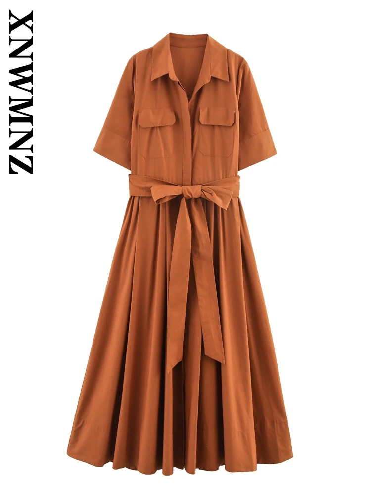 

XNWMNZ 2025 Summer Woman Fashion Chic Short Sleeve midi Dresses Casual Elegant Woman's Turn-down Collar Pleated with belt dress