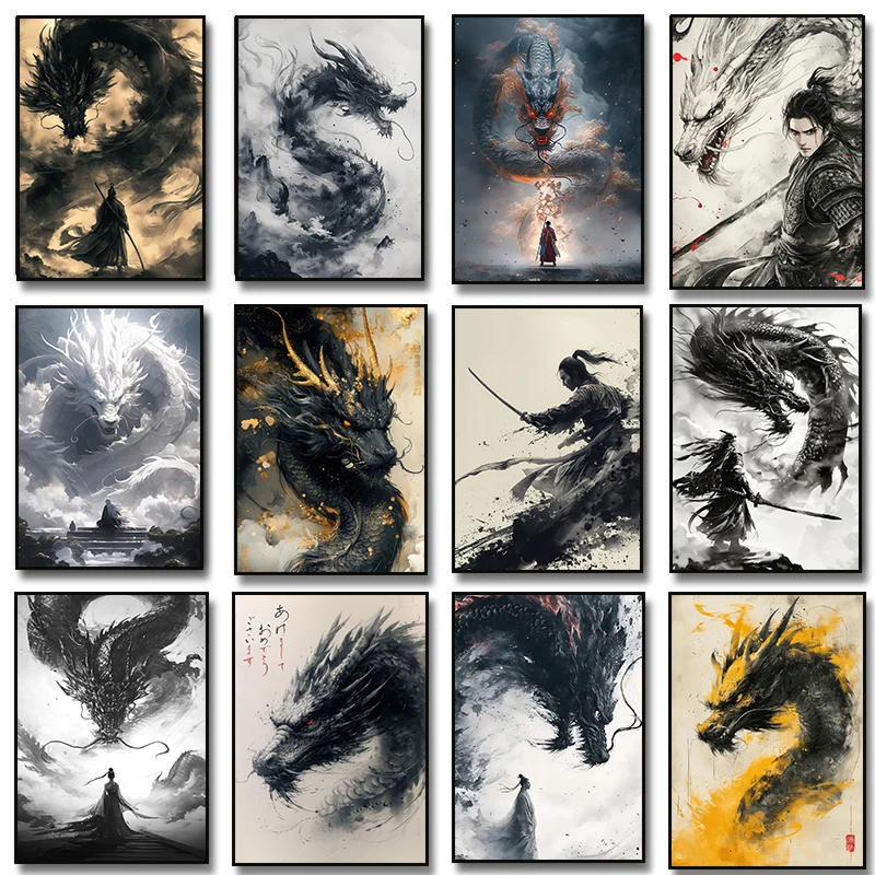 Vintage Asiatischer Tuschekunst-Drache mit Japan-Samurai-Kunst Poster Leinwanddruck Wandbild für Wohnzimmer Heimdekoration
