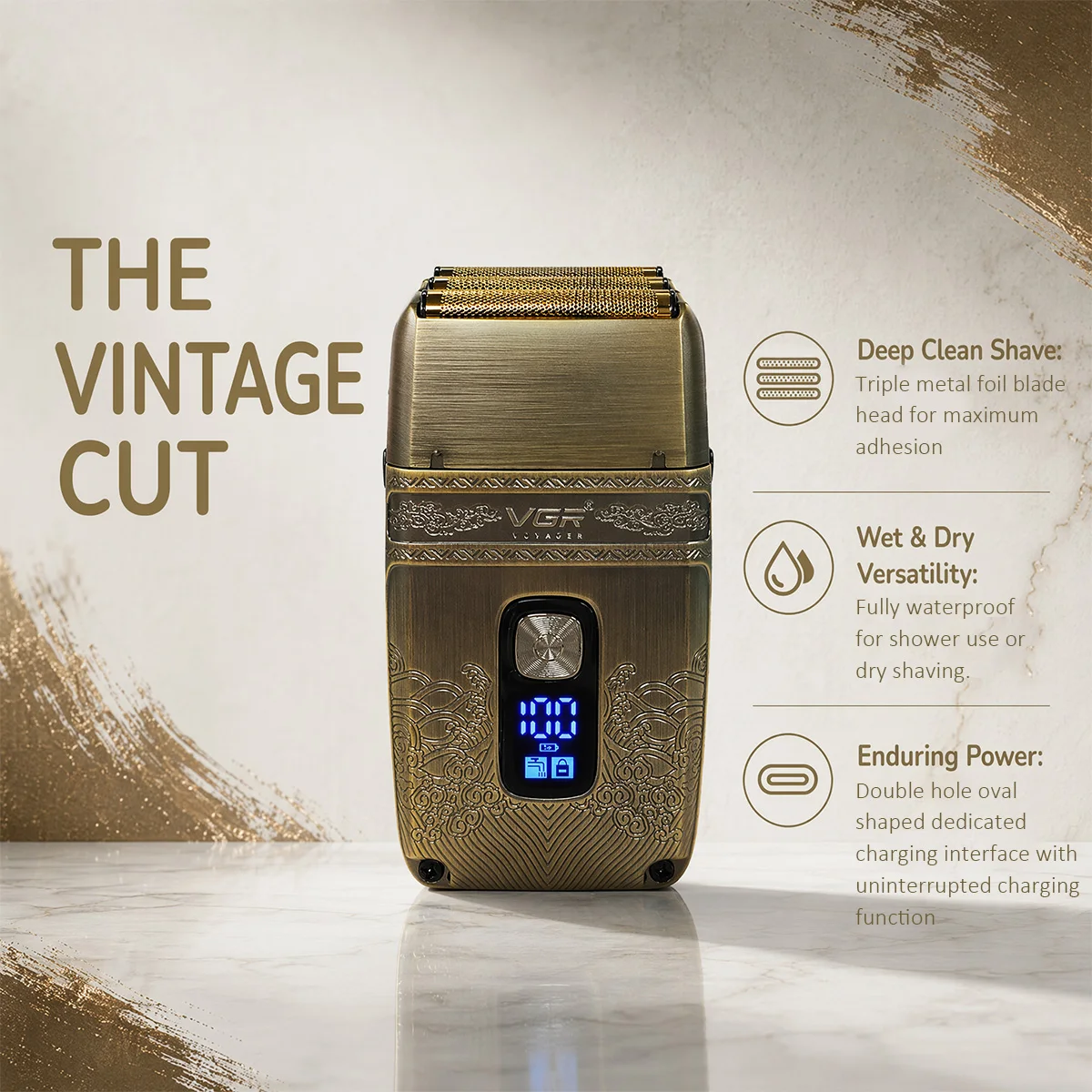 VGR Shaver Professional Electric Razor Shaving Machine Waterproof Beard Trimmer Metal Razor Digital Display Shaver for Men V-335