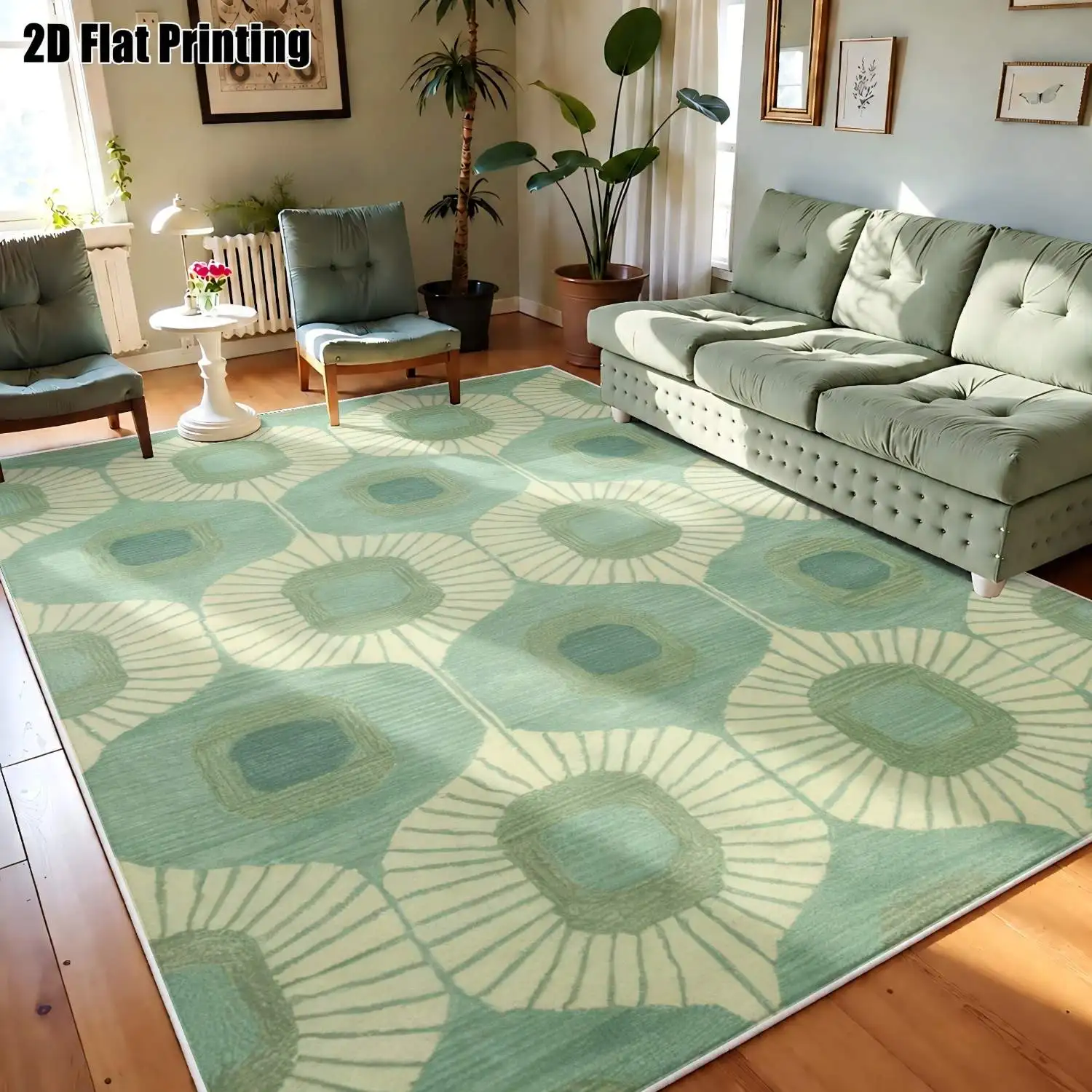 1Pc 2D Printed Velvet Carpet, Blue-Green Geometric Nordic Modern Minimalist Design, Machine Washable, Multi-Size, for Entrance, Dining, Bedroom, Living Room Decor, Instagram Style Floor Mat