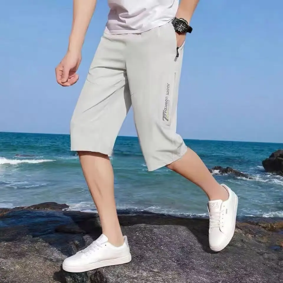 

Summer Thin Ice Silk Men's Casual orts Mid-Calf Straight Loose Fit Summer Over-Knee 7-Foot Pants Comfortable Breathable