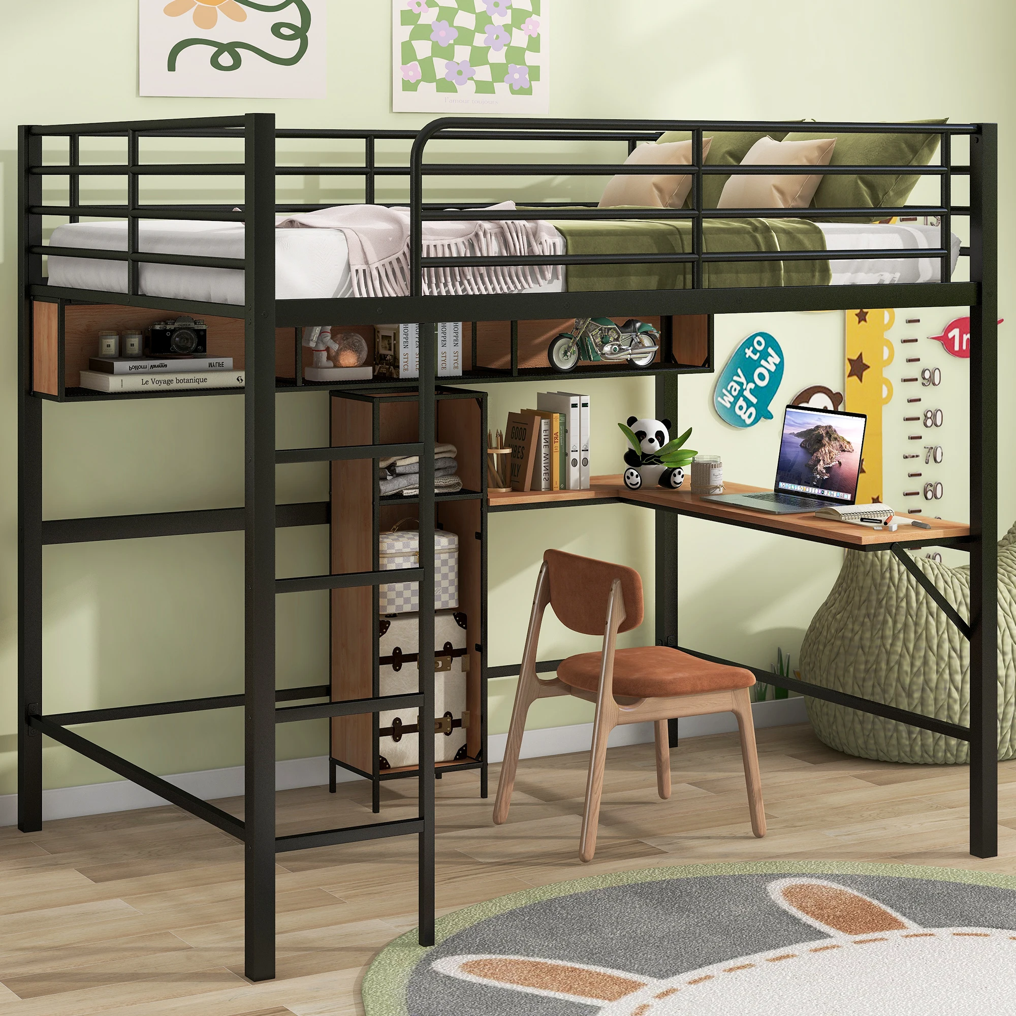 

Full Size Metal & Wood Loft Bed with L-Shaped Desk and Shelves, Black/Brown 77.20x56x69.70 in.