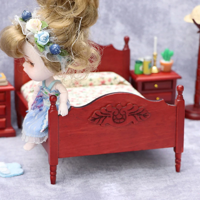 1:12 Dollhouse Miniatuur Houten Slaapkamer Dubbele Bed Europese Simulatie Meubels Model Scene Poppenhuis Decor Accessoires