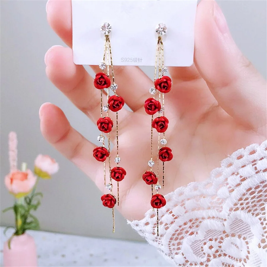 Pendientes colgantes con forma de flor de rosa roja y morada, pendientes delicados con flores de rosa para mujer, joyería para bodas, fiestas de compromiso