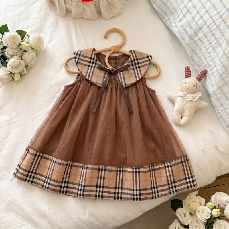 Summer Hot Sale 2026 New Children's Plaid Doll Collar Lace up Color Blocked Sleeveless Princess Dress