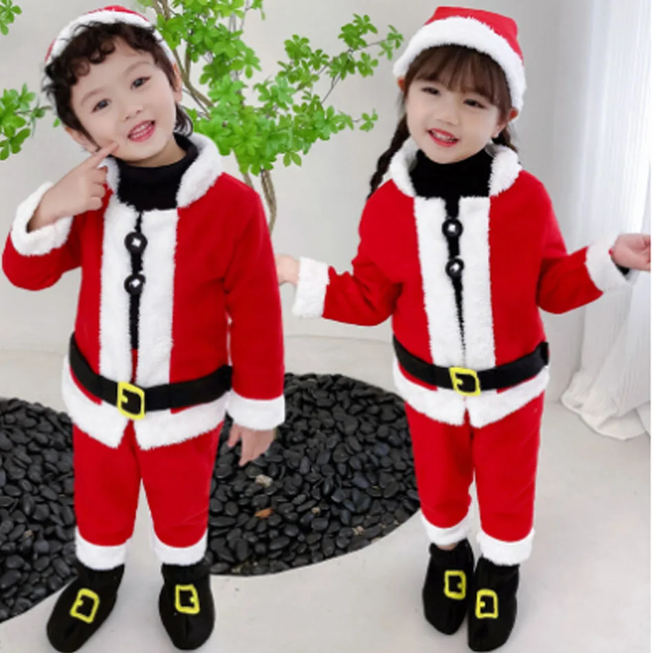 New Year Kids Elf Santa Claus Costume Green Cosplay Christmas Carnival Party Fancy Dress for Girls Boys Red Xmas Clothes Set