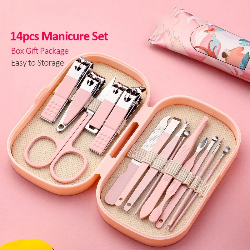 14-teiliges Maniküre- und Pediküre-Set aus Stahl mit gebogener Nagelschere, Nagelknipser, Hornhautentferner, Ohrenschmalzentferner und weiteren Maniküre-Werkzeugen