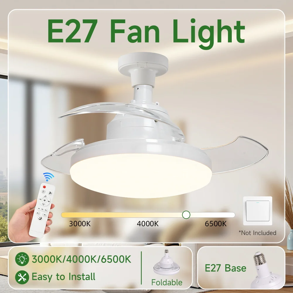 2 in 1 E27 Ceiling Fan Light with Remote Control 220V Ceiling Fan Lamp for Bedroom Dining Room Timer LED Ceiling Fanlight