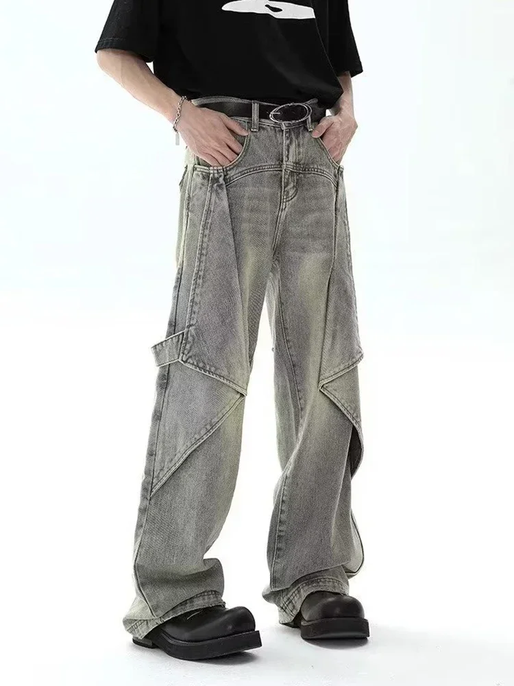 Wide Leg Jeans Pants for Men Streetwear Baggy Distressed Denim Trousers Male Oversize Casual Ruched Korean Hip Hop