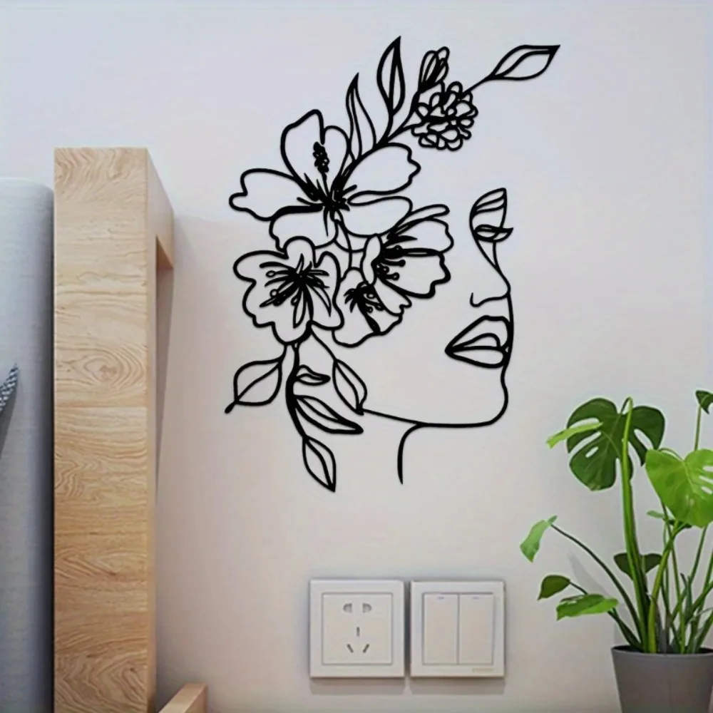 Abstrakte Metall-Linienkunst mit Blumenmuster und Frauengesicht als Wanddekoration für Minimalistische Wohnzimmer- und Schlafzimmer-Einrichtung