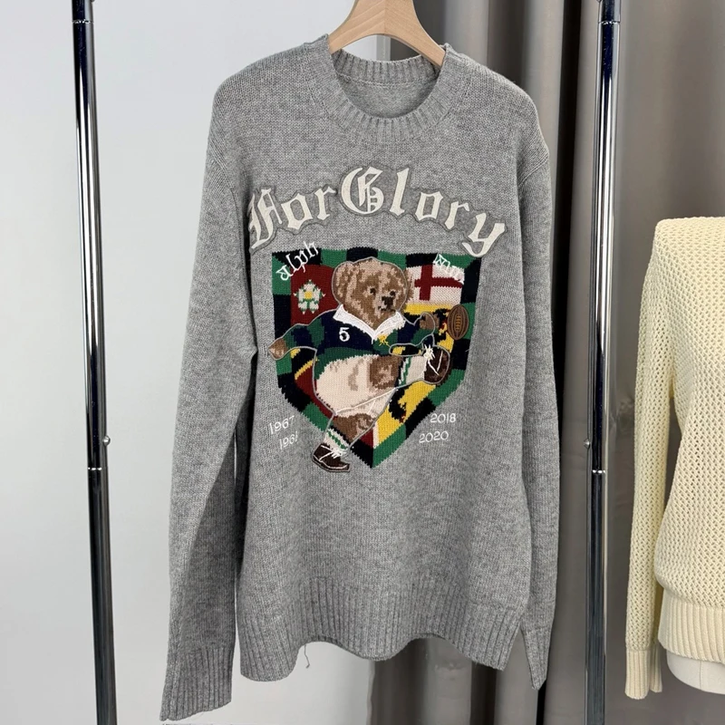 

Осень-зима, лоскутный вязаный свитер с медведем, круглый Ne Long Sve, свободный крой, повседневный, с вышивкой, с мультяшным медведем, женский C...