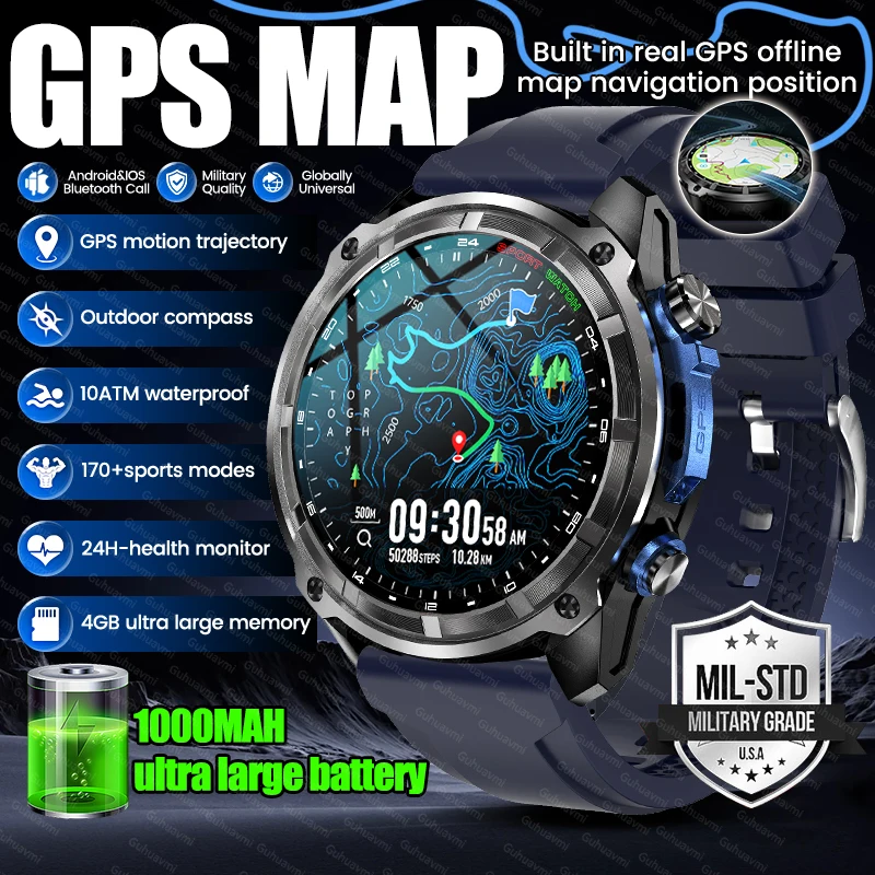 

Новые военные смарт-часы с GPS-картами для мужчин, 4 ГБ ОЗУ, аккумулятор 1000 мАч, водонепроницаемость 10 АТМ, звонки по Bluetooth, для активного отдыха и спорта