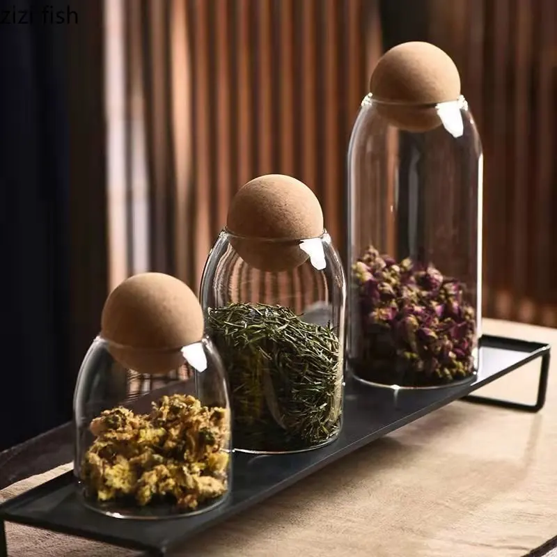 Glass Storage Bottle Round Cork Stopper Glass Pot Tea Sealed Pot Flower Fruit Tea Display Bottle Coffee Bean Storage Bottles