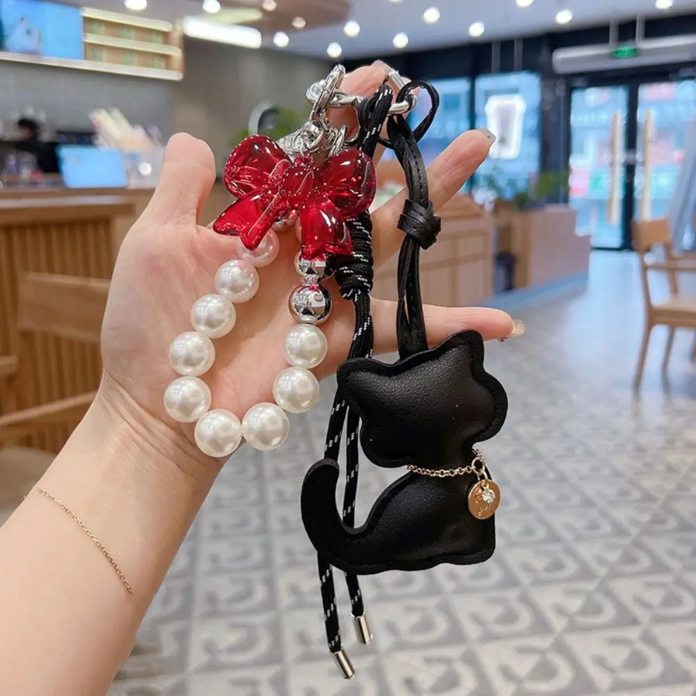

Pearl String Leather Cat Pendant Cartoon Cute Cat Bead Rope Keychain Bowknot Creative Bag Hanging Charms Backpack Charms