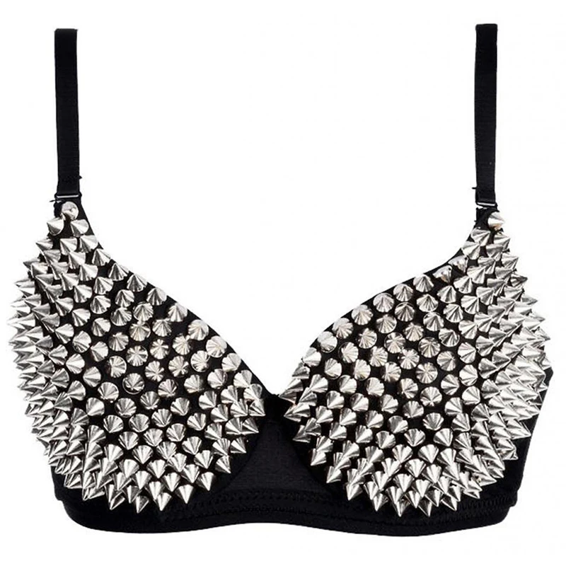 Golden Silver Women Sexy Rock Style Spike Rivet Punk Push Up Bras Nightclub Singer DJ Dance Stud Bra Underwear Burlesque Tops