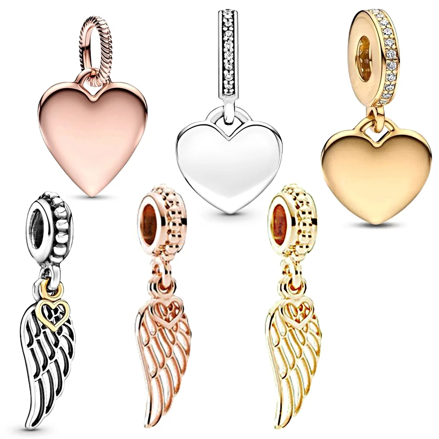 NEW Angel Wing & Engravable Heart Tag Dangle Charm Bead Fit Original European 925 Sterling Silver Bracelet DIYWomen Jewelry Gift