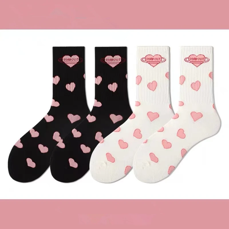 

2 Pairs Long Cotton Lolita Socks for Girls Mid-Tube JK Student Fashion Heart Japanese Harajuku Cute Love Ins Women Socks